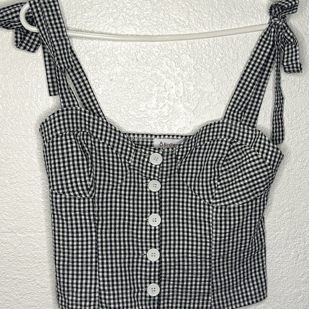 White-Black Checker Board Bow Strap Crop Top